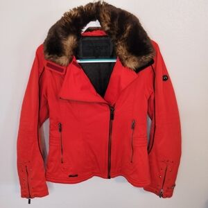 Spyder Women's Red Moto Style Ski Jacket W/faux Fur collar Size 6 Gorpcore Y2K